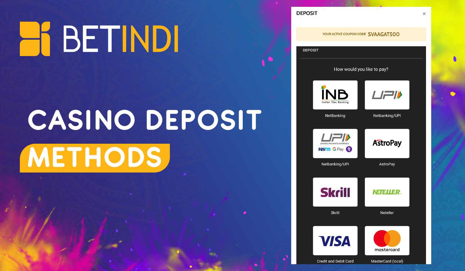 Methods, amounts and terms for deposit on the Betindi bookmaker site