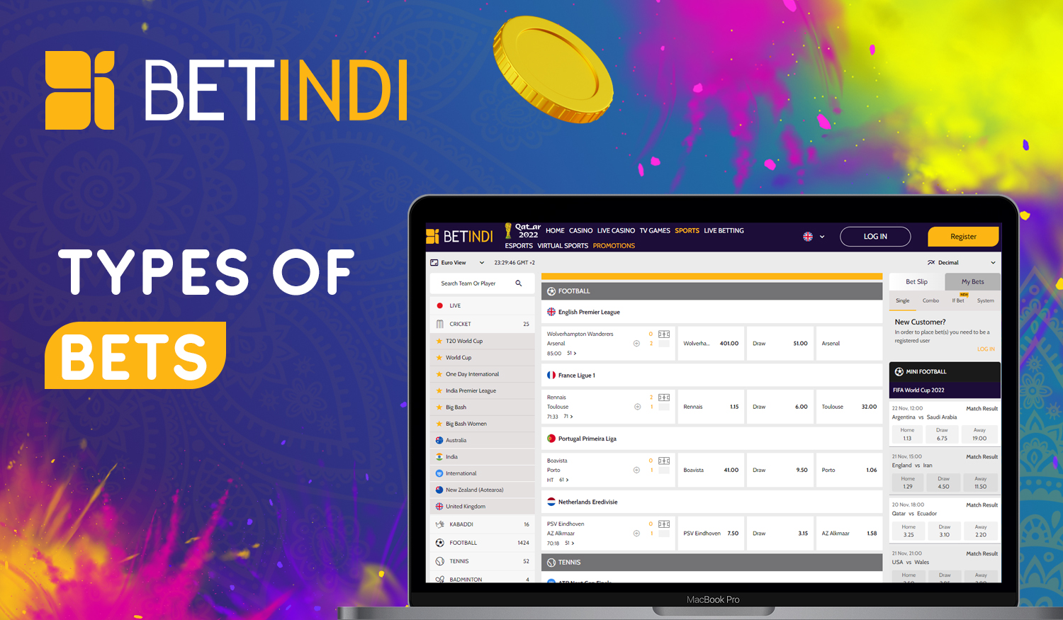 Types of bets available to Indian users on Betindi bookmaker site 